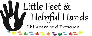 Little Feet and Helpful Hands Logo - A handprint with a smaller footprint inside of it. Text that says 'childcare and preschool'. And a line from left to right on the bottom of foot and hand prints in multiple colors.